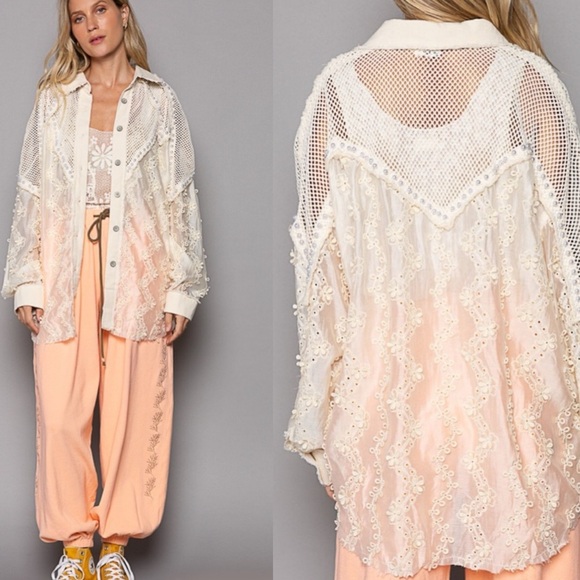 66. POL Button Down Top Women's Lace Mesh Floral Long Sleeve Collard Shacket - Picture 2 of 5